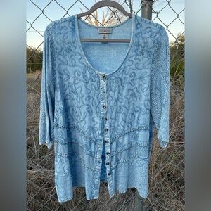 Catherines Light Blue Embroidered Button-Front Blouse